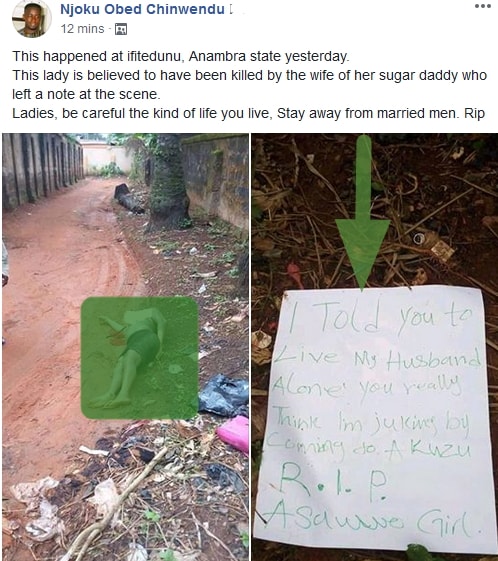 lady killed by sugar daddy's wife anambra